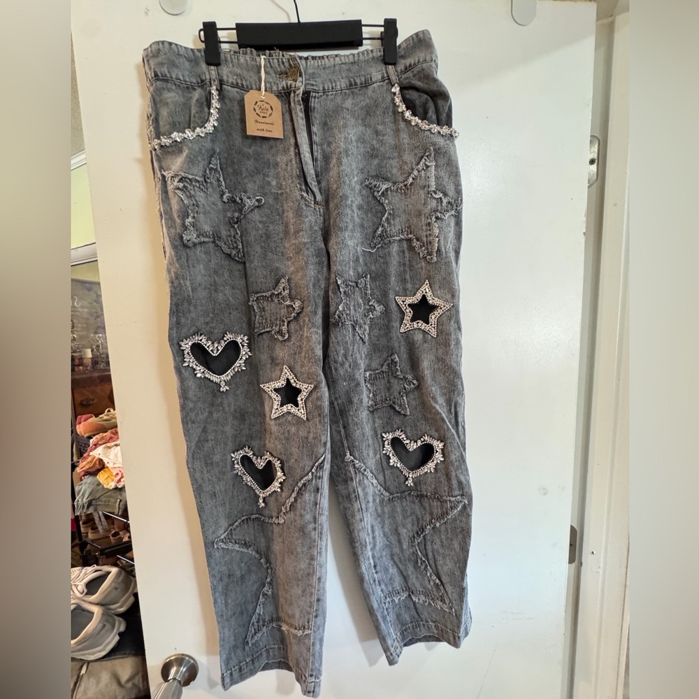 NWT A Rare Bird Size M/L  Faded Black Rhinestone Stars and Hearts Women Jeans
